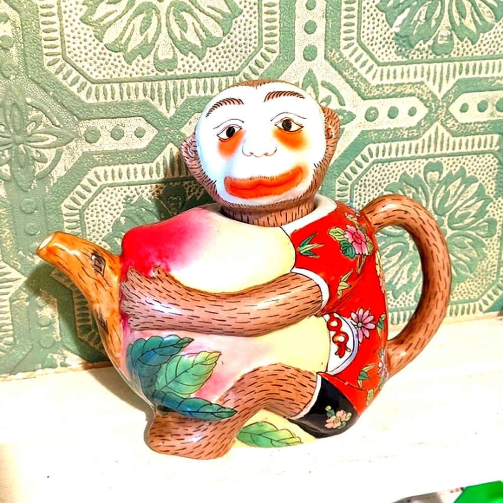Vintage Chinese Porcelain Monkey Teapot